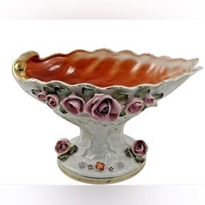 Napco Porcelain Pedestal Shell Candy Dish Bone China Flowers S149